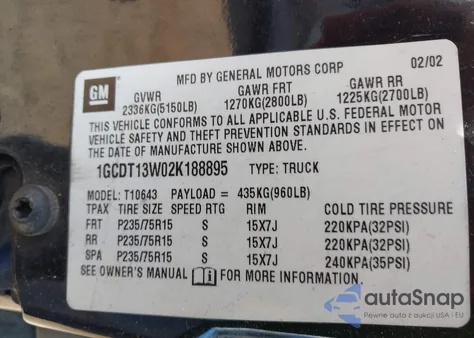 2002 Chevrolet S-10 Ls z USA, uszkodzony, nr VIN 1GCDT13W02K188895